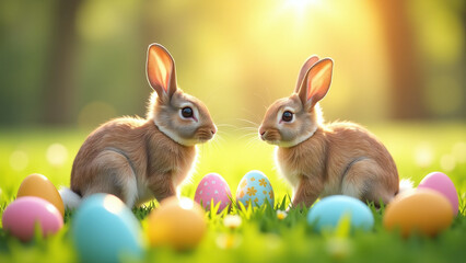 Fototapeta premium bunnies hunt colorful eggs sunny meadows springtime holidays like