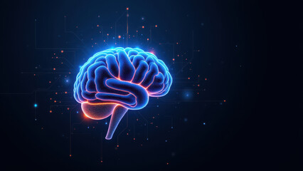 Neon-lit 3D brain graphic symbolizing artificial general intelligence.