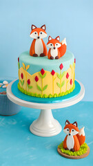Obraz premium a birthday festive cake with candles and toppers in the shape of cute foxes against blue background