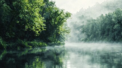 A painting of a forest with a river running through it