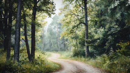 A painting of a forest road with trees in the background