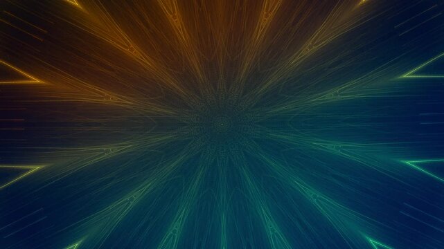 leuchtende Lichtpunkte bewegen sich sternf&ouml;rmig Richtung Zentrum, digitaler Datentransfer, Algorithmus, Internet, Energie, Datenfluss, Geschwindigkeit, Wandel, Austausch, gr&uuml;n, gelb, orange
