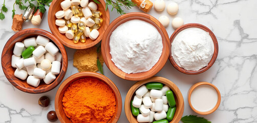 Multiple wooden bowls filled with a variety of natural supplements like powders, capsules, and herbs are arranged on a marble surface, highlighting health and wellness options