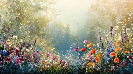 Fototapeta premium A painting of a field of flowers with a blue sky in the background