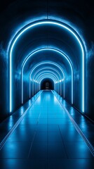 Neon tunnel archway, futuristic, dark interior, empty space