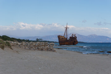 Naklejka premium Abandoned stranded dimitrios shipwreck at the beach of Valtaki, Peloponnese, Greece