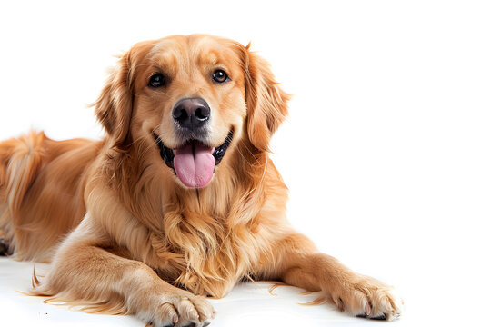 Happy golden retriever dog lying down isolated on white