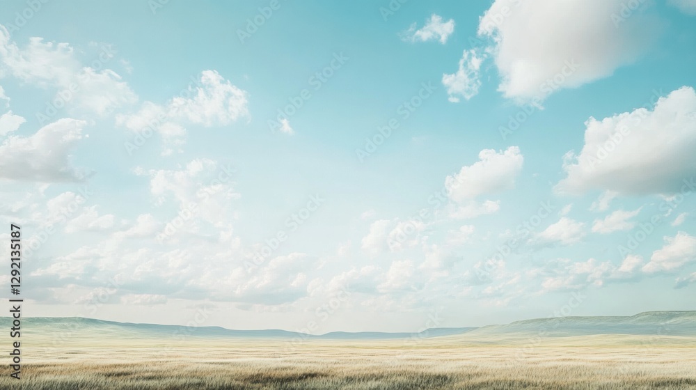 Poster Expansive blue sky with soft clouds over a vast grassy plain during a serene day in the countryside. Generative AI