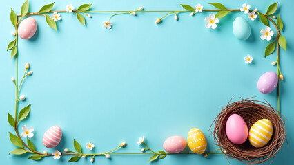 colorful easter eggs bird nest light blue background empty space middle decorative frame