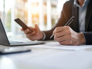 Person working at Desk with Phone and Pen