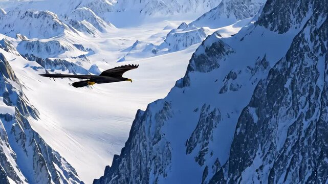 Steppe eagle soars gracefully over snow covered mountains in a clear blue sky, A steppe eagle flying over snow mountains OpenTopography Topographic data