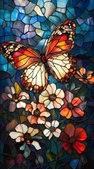A Majestic Display: Stained Glass Butterfly Enchantment with Blossoms and Sky in a Colorful Frame
