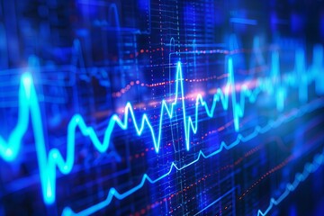 Bright blue illustrations of a cardiogram on an oscilloscope screen, with a glowing neon heart pulse overlay. The image showcases emergency ekg monitoring and heart beat visuals.