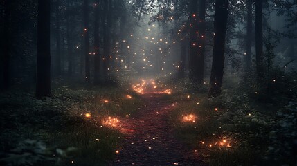 Mystical Forest Path with Lights