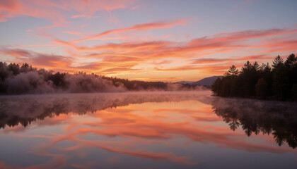 Sunset reflected in river creating beautiful twilight scene with tranquil water and sky