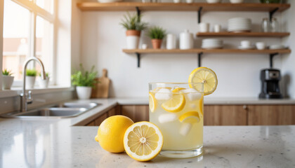 Lemonade with fresh lemons in kitchen for refreshing summer vibe