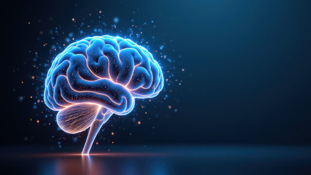 Artificial general intelligence depicted as a human-like brain with glowing neurons set against a starry sky background.