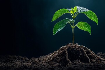 Tree with deep roots and glowing leaves, space for text.