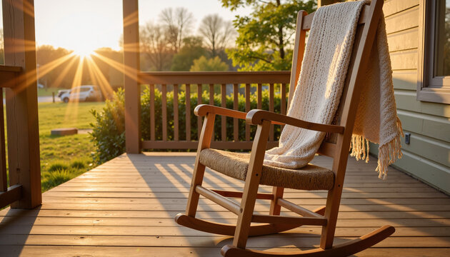 Rocking chair on wooden deck with cozy patio atmosphere