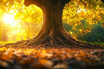 Tree with deep roots and glowing leaves, space for text.
