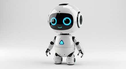 A small humanoid robot with a sleek and modern design the robot has a white body with smooth rounded edges round blue eyes giving it a friendly and approachable appearance on white background