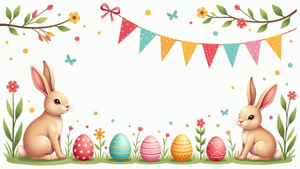 colorful spring elements decorating cards banners featuring cute rabbits eggs festive illustrations various