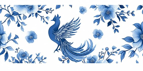 Traditional chinese blue peacock with floral pattern on white background. Asian watercolor ornament with flowers and bird silhouette. Oriental ceramic ornament design