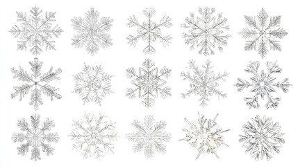 Set of Different Snowflakes: Set of different snowflakes isolated on white background, macro photo of real snow crystals, generative AI,