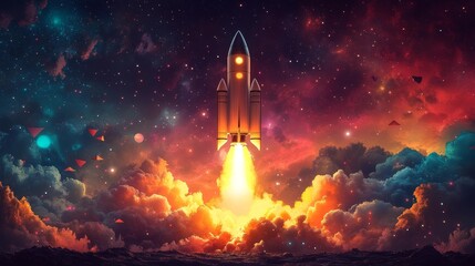 A vintage rocket ship launching into space with powerful glow surrounded by colorful cosmic clouds. Generative AI