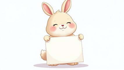 cute rabbit illustration features smiling rodent closed eyes white background holding blank