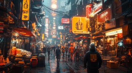 Cyberpunk Cityscape at Night with Neon Lights and Rain. Generative AI