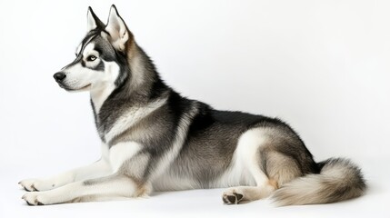 Fototapeta premium Siberian Husky Sitting on White Background in Studio Portrait, perfect for dog products promo 