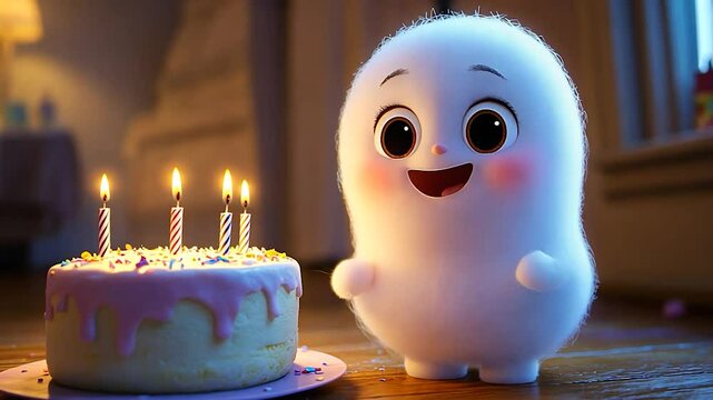 Fluffy creature celebrating birthday with cake