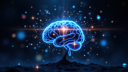 The image depicts a concept related to artificial general intelligence with a brain at its center. It conveys creativity and futuristic thinking.