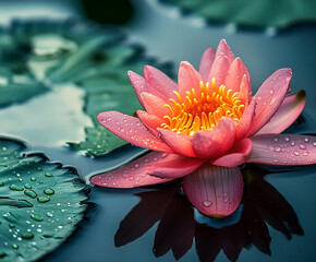 Pink water lily, lotus flower Perry's Orange Sunset in the garden pond. Close-up