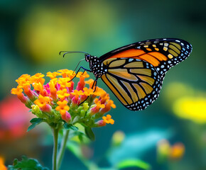 Naklejka premium Beautiful image in nature of monarch butterfly on lantana flower.