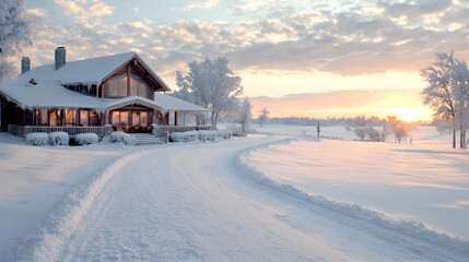 Sunrise over snowy house, winding driveway, winter landscape. Ideal for real estate or winter holiday marketing