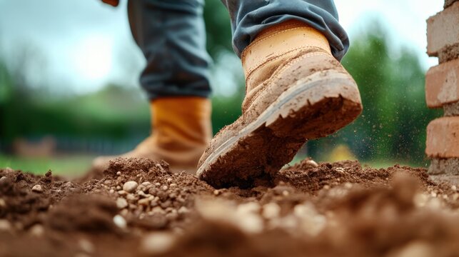 construction worker treading on soil