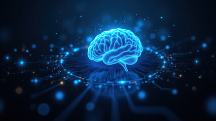 A conceptual image representing artificial general intelligence with a human-like brain surrounded by digital particles and circuitry.