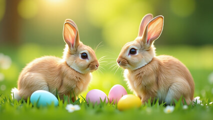 Fototapeta premium easter bunnies hide eggs green fields spring