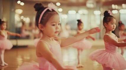 A young Asian girl joyfully practicing ballet in a dance studio, dressed in a pink tutu and surrounded by fellow little ballerinas. Video made using Generative AI.