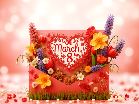 International Women's Day, March 8th greeting red card with flowers. 3D greeting card "March, 8" with a heart and spring flowers: daffodils, snowdrops, tulips, hyacinths. - Powered by Adobe