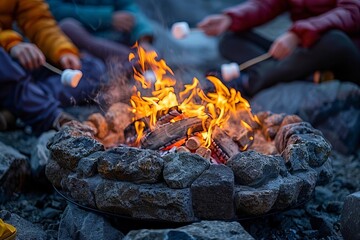 group of friends camping and roasting marshmallows around a bonfire at night.