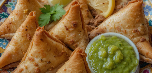 Six crispy samosas arranged on a colorful plate alongside a small bowl of green chutney and lemon slices. Fresh herbs add an appealing touch to the dish