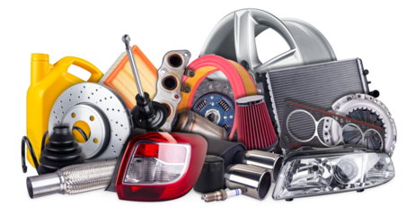 Collage of various automotive parts, including oil and air filters, lights, wheels, disc brake and components essential for vehicle maintenance and repair activities isolated white background
