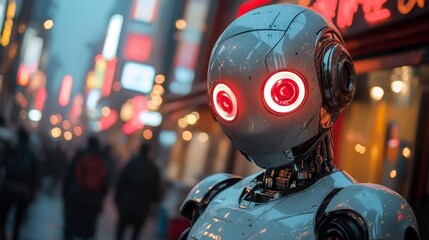 Fototapeta premium A robotic street performer with glowing red eyes in a vibrant neon-lit urban setting. Generative AI