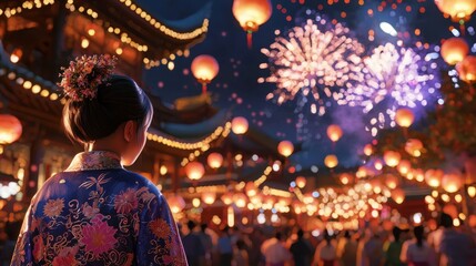 Fototapeta premium A woman stands in front of a crowd of people, watching a fireworks display