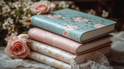 Vintage Books and Roses: A stack of beautifully decorated vintage books, adorned with floral patterns, rests gently beside delicate pink roses, creating a scene of classic elegance and literary charm.