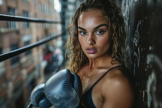 Portrait of a confident female athlete wearing a boxing glove, standing in a dark and gritty urban setting. Tension and determination are palpable as she stares into the camera, ready