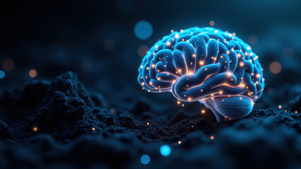 Obraz premium An AI-themed graphic featuring a stylized human brain with glowing nodes against a dark background.